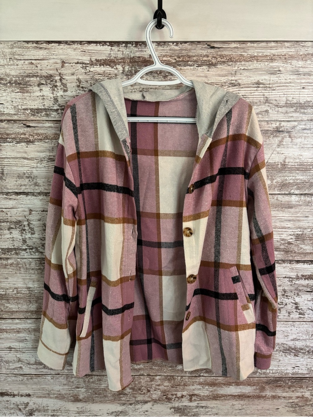 Plaid Hooded Button-Up Jacket in Mauve and Cream